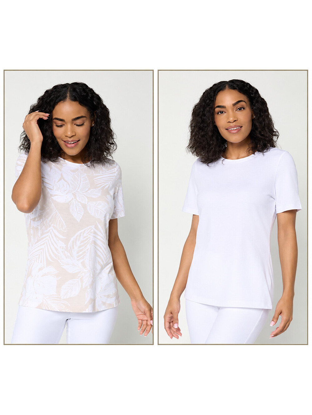 Denim & Co. Beach Jersey 2-Pack Printed and Solid Tops New Stone Tropical Medium